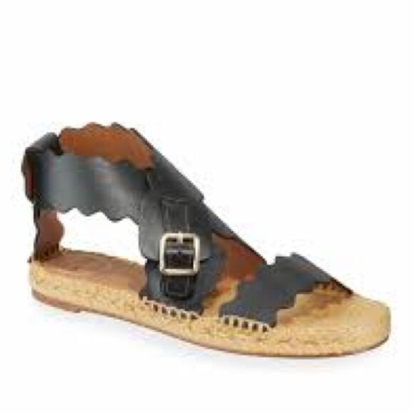 🌞NWOT AUTHENTIC CHLOE BLACK LEATHER LAUREN SCALLOPED espridrilles  SANDALS SZ 37 - Picture 1 of 10